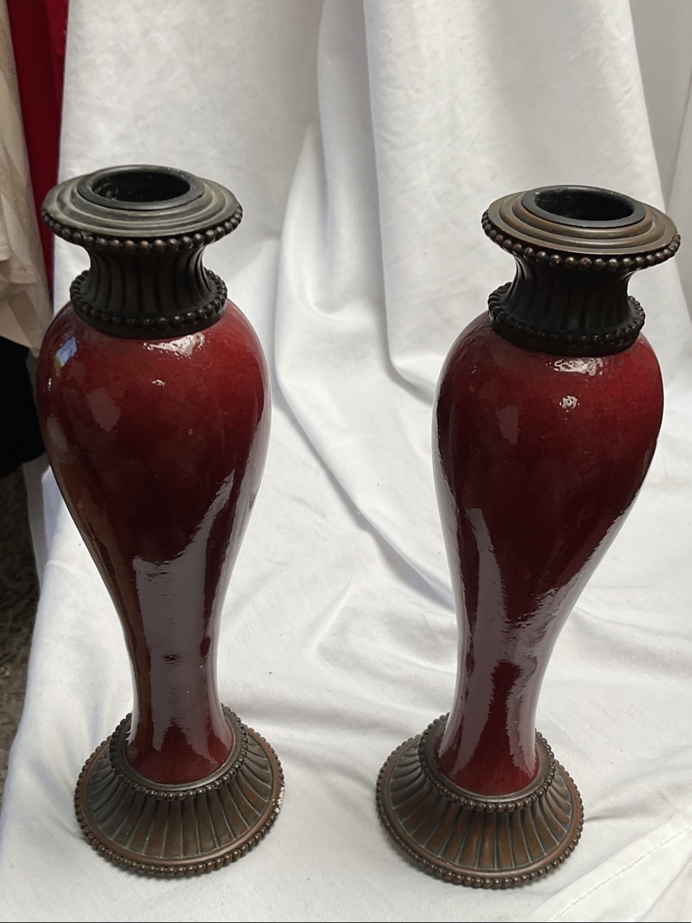 Party lite Red Ceramic and Bronze Accent Vases - pair